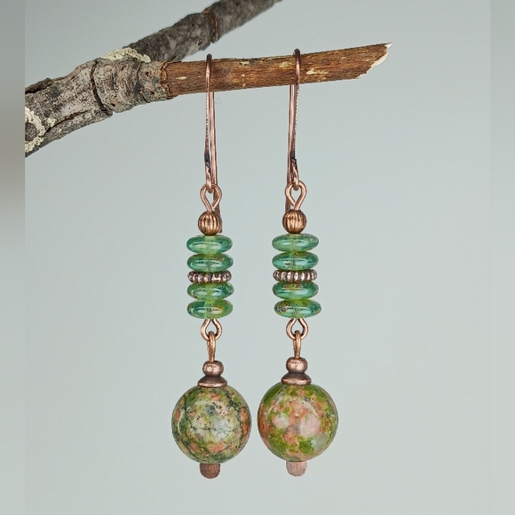 HAND CRAFTED Unakite Artisan Glass Green Pink Copper Boho Nature Stone Earrings - Picture 3 of 6